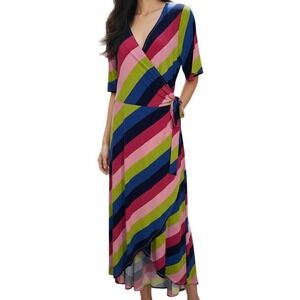 MIDNIGHT VELVET Maxi Wrap‎ Dress Multicolor Striped 70's Vibe NWT Size Medium